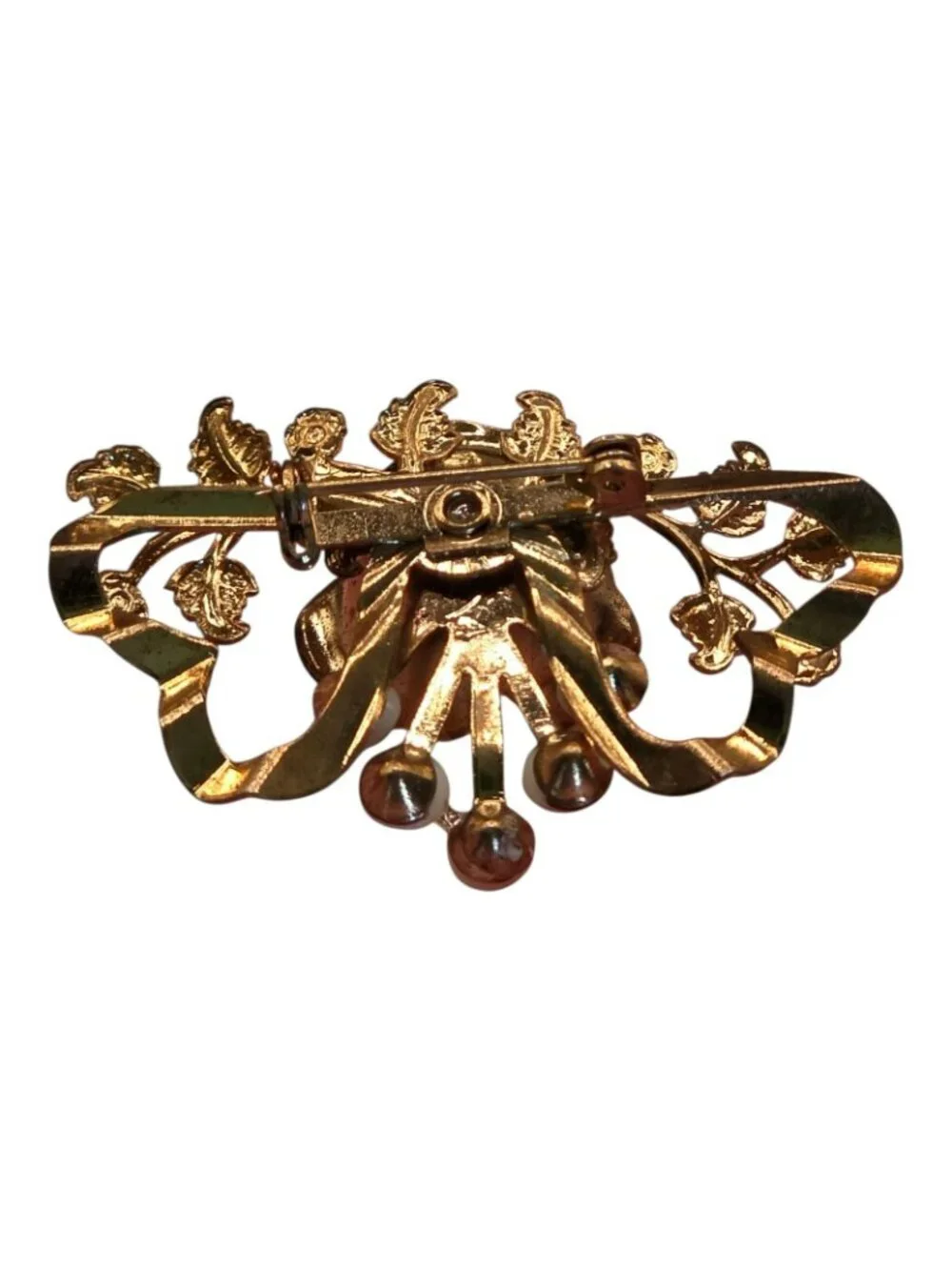 Vintage Gold-Tone Floral Brooch Enamel Details Milk Glass Accents